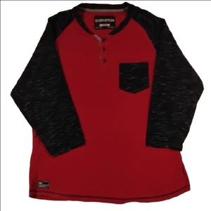3/$20 Distortion Men's Red Henley Shirt with Black Sleeves